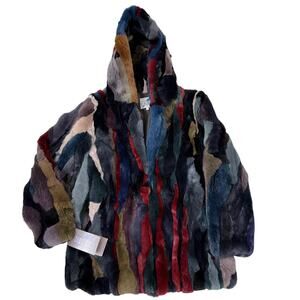 NWT Blue Duck Shearling Multicolor Genuine Rabbit Fur Hooded Coat Women’s Size M